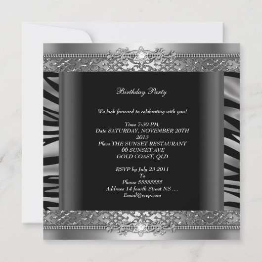 Birthday Party Silver Zebra Diamond Kaart (Achterkant)