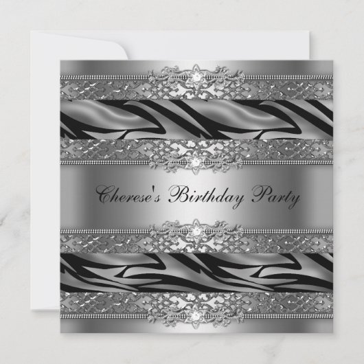 Birthday Party Silver Zebra Diamond Kaart (Voorkant)