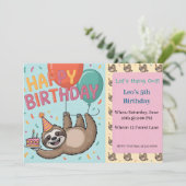 Birthday Party Sloth with Balloons and Cake Kaart (Staand voorkant)