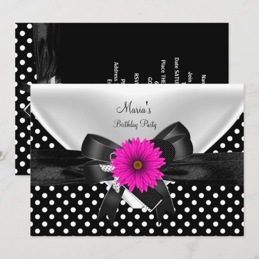 Birthday Party Spot Polka Dot Black White roze 4 Kaart (Voorkant / Achterkant)