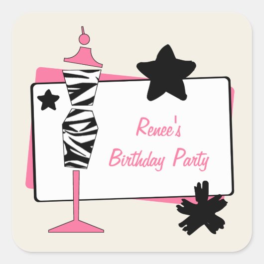 Birthday Party Stickers zebra & Roze Dress Form (Voorkant)