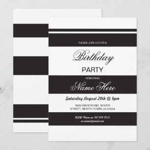 Birthday Party Stripe Black & White Invite 30 40th Kaart