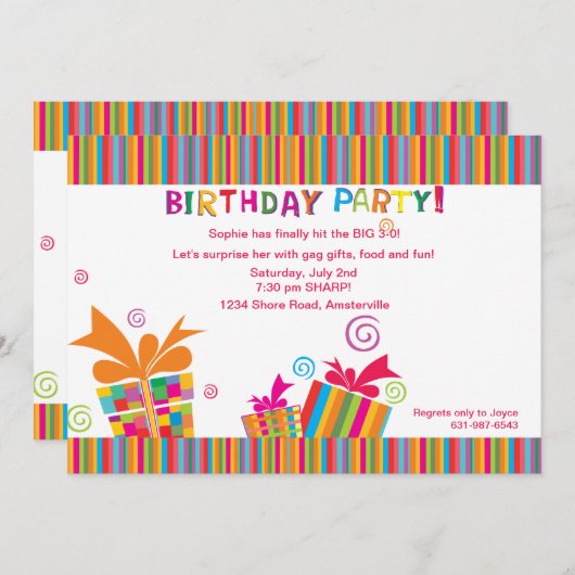 Birthday Party Stripes Kaart (Voorkant / Achterkant)