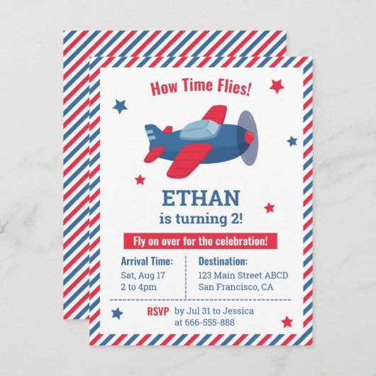 Birthday Party Stripes voor roodblauwe vliegtuigen Kaart (Voorkant / Achterkant)