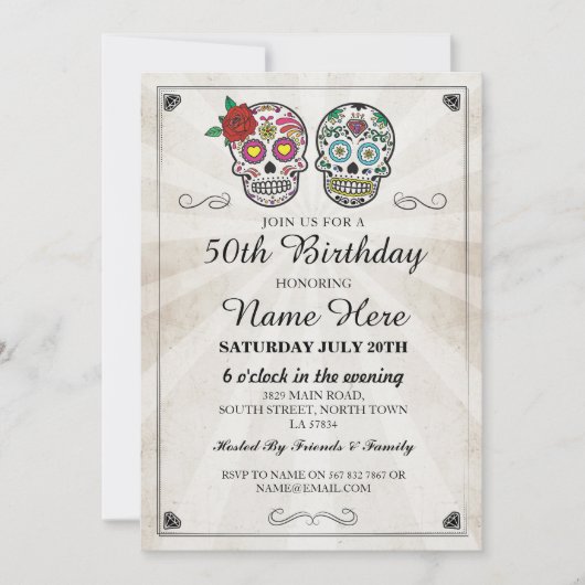 Birthday Party Sugar Skulls Invite Halloween Kaart (Voorkant)