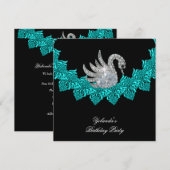 Birthday Party Swan Blauwgroen Blue Floral Black Kaart (Voorkant / Achterkant)