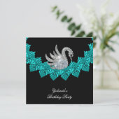 Birthday Party Swan Blauwgroen Blue Floral Black Kaart (Staand voorkant)