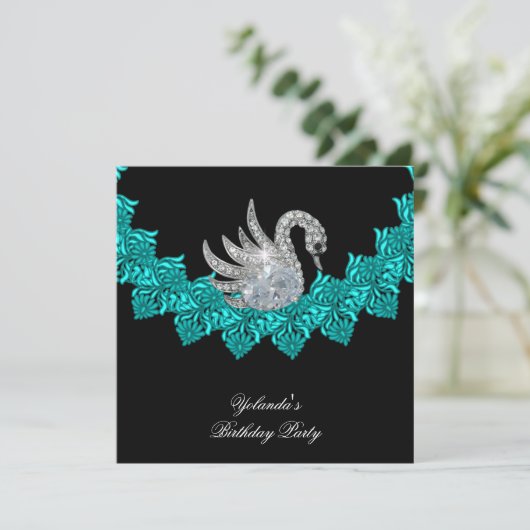 Birthday Party Swan Blauwgroen Blue Floral Black Kaart (Staand voorkant)
