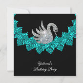 Birthday Party Swan Blauwgroen Blue Floral Black Kaart (Voorkant)