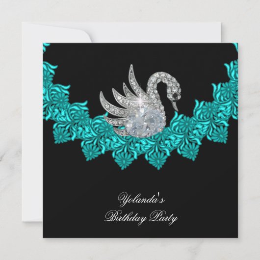 Birthday Party Swan Blauwgroen Blue Floral Black Kaart (Voorkant)