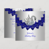 Birthday Party Swan Blue Silver Kaart (Voorkant / Achterkant)