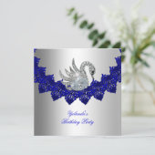 Birthday Party Swan Blue Silver Kaart (Staand voorkant)