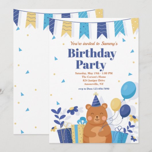 Birthday Party Teddy Bear Kaart (Voorkant / Achterkant)