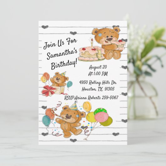 Birthday Party Teddy Bears Birthday Uitnodiging (Staand voorkant)