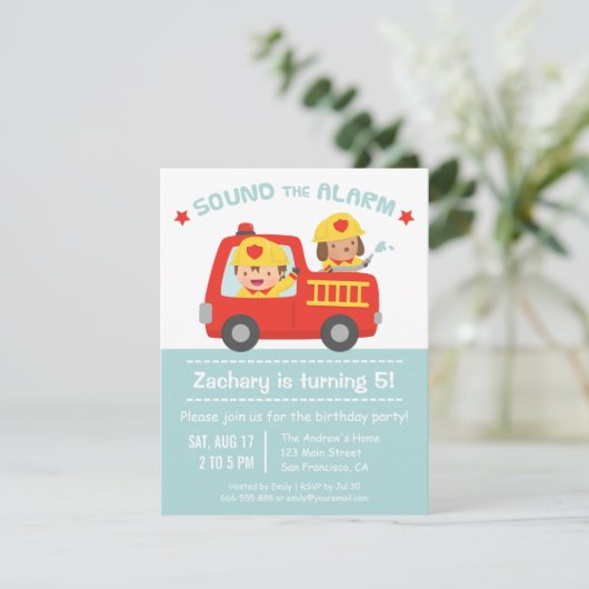 Birthday Party the Cute Dog and Boy Red Fire Truck Kaart (Staand voorkant)