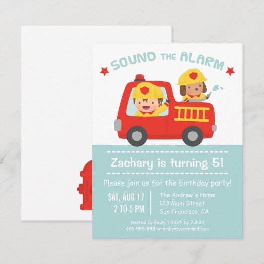 Birthday Party the Cute Dog and Boy Red Fire Truck Kaart (Voorkant / Achterkant)