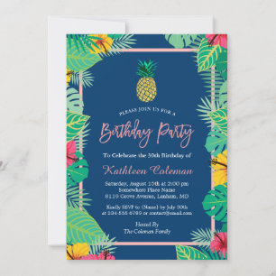 Birthday Party the Tropical Navy Blue Gold Pineapp Kaart