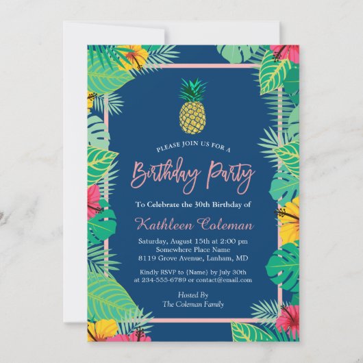 Birthday Party the Tropical Navy Blue Gold Pineapp Kaart (Voorkant)