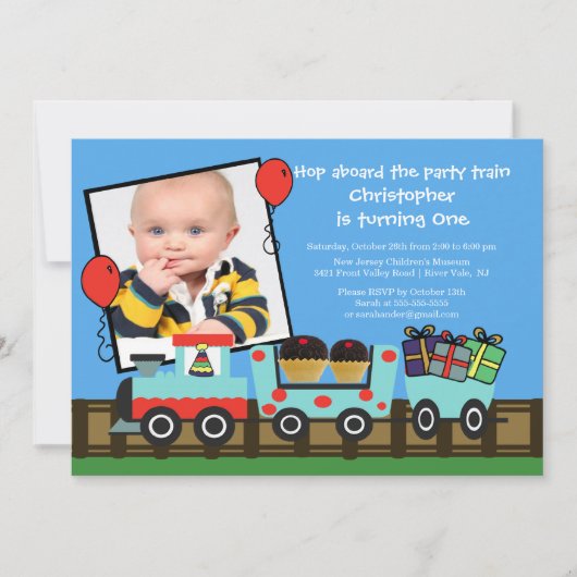 Birthday Party Train Photo Birthday Invitation Kaart (Voorkant)