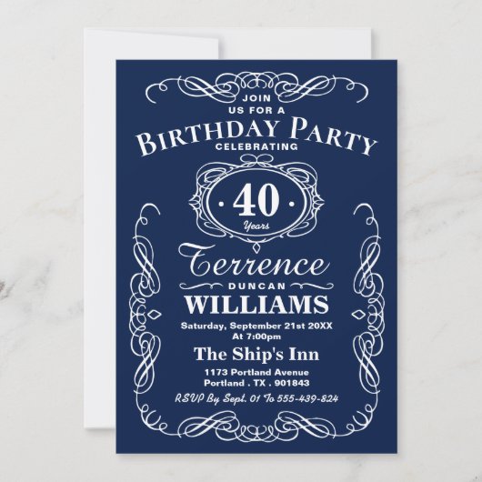 Birthday Party Trendy Navy Blue & White Typography Kaart (Voorkant)
