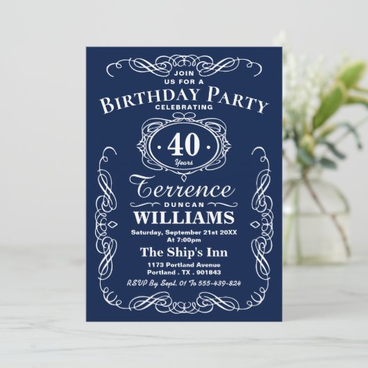 Birthday Party Trendy Navy Blue & White Typography Kaart (Staand voorkant)