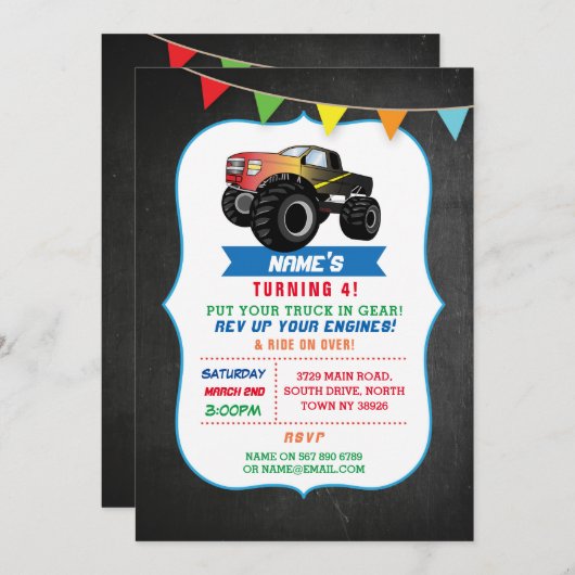 Birthday Party Truck Monster Smash Invite Kaart (Voorkant / Achterkant)