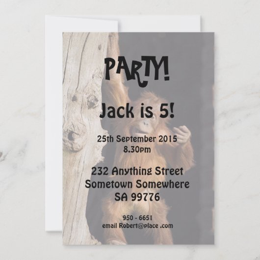 Birthday party uitnodiging 5, met orangutan (Achterkant)