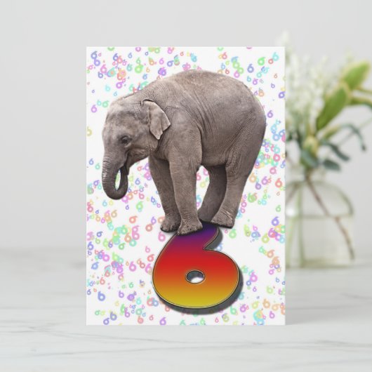 Birthday party uitnodiging 6, met gelukkige olifan (Staand voorkant)