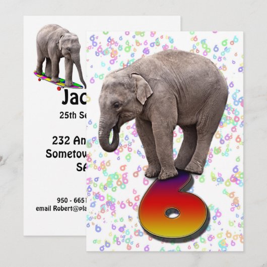 Birthday party uitnodiging 6, met gelukkige olifan (Voorkant / Achterkant)
