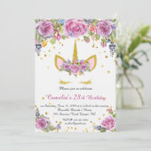 Birthday party-uitnodiging, eenhoorn, wit, bloemen kaart (Staand voorkant)