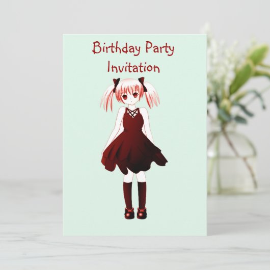 Birthday party uitnodiging met anime girl (Staand voorkant)