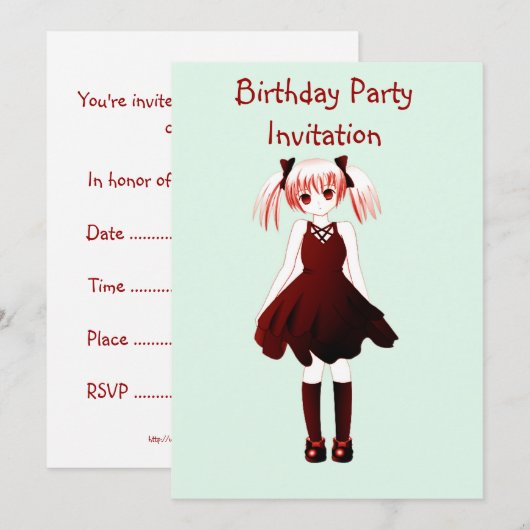 Birthday party uitnodiging met anime girl (Voorkant / Achterkant)