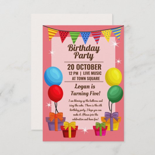 Birthday party-uitnodiging met ballons en cadeau informatiekaartje (Voorkant / Achterkant)