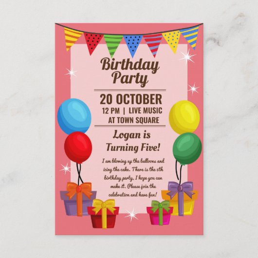 Birthday party-uitnodiging met ballons en cadeau informatiekaartje (Voorkant)