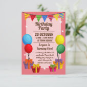 Birthday party-uitnodiging met ballons en cadeau informatiekaartje (Staand voorkant)