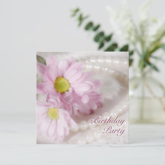 Birthday party-uitnodiging met mazen en parels kaart (Staand voorkant)