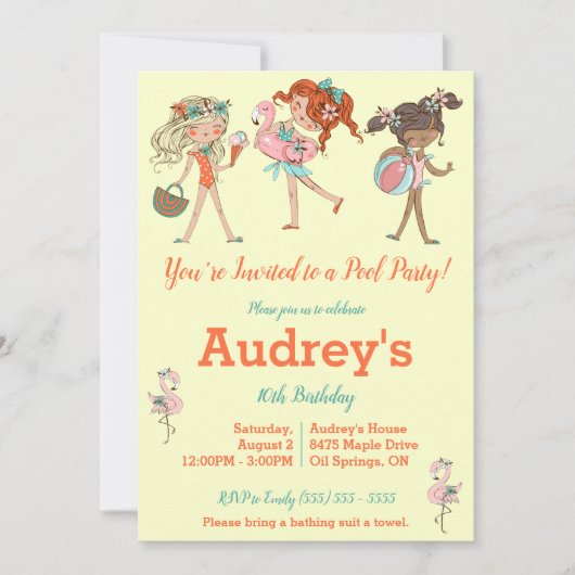 Birthday Party - uitnodiging voor Girls Pool (Voorkant)