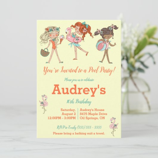 Birthday Party - uitnodiging voor Girls Pool (Staand voorkant)