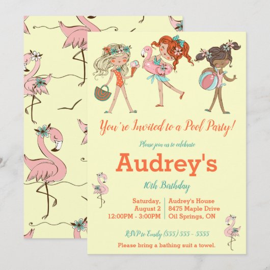 Birthday Party - uitnodiging voor Girls Pool (Voorkant / Achterkant)