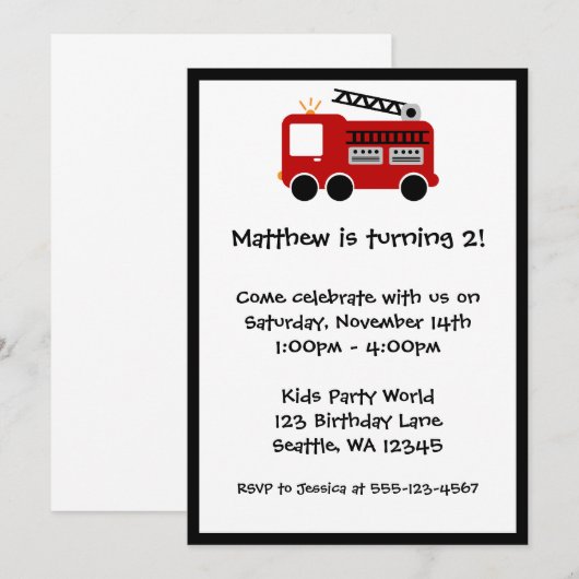 Birthday Party - uitnodiging voor Red Fire Truck (Voorkant / Achterkant)