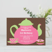 Birthday Party - uitnodiging voor roze en bruine t (Staand voorkant)