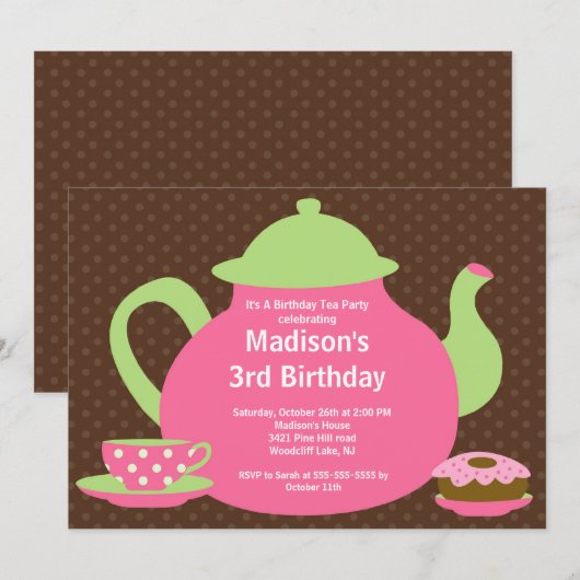 Birthday Party - uitnodiging voor roze en bruine t (Voorkant / Achterkant)