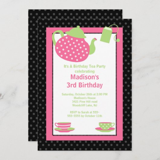 Birthday Party - uitnodiging voor roze en zwarte t (Voorkant / Achterkant)