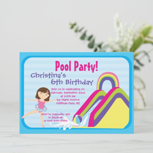 Birthday Party uitnodigingen Cute Girls Pool (Staand voorkant)
