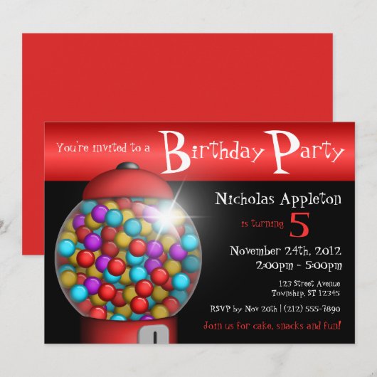 Birthday party-uitnodigingen van Red Gumball Machi Kaart (Voorkant / Achterkant)