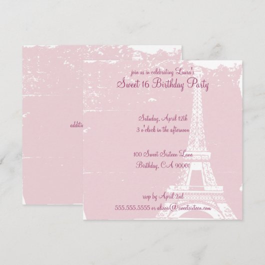Birthday Party - Uitnodigingen voor de roze Eiffel (Voorkant / Achterkant)