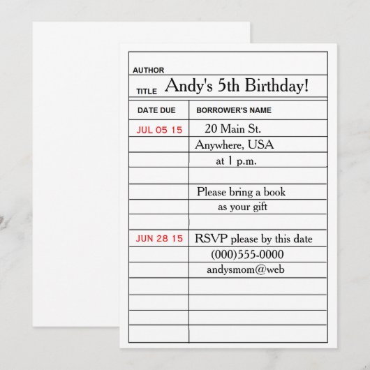 Birthday Party-uitnodigingen voor "Library Card" Kaart (Voorkant / Achterkant)