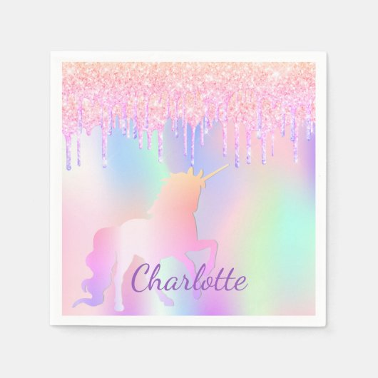Birthday party unicorn glitter name holographic servet (Voorkant)