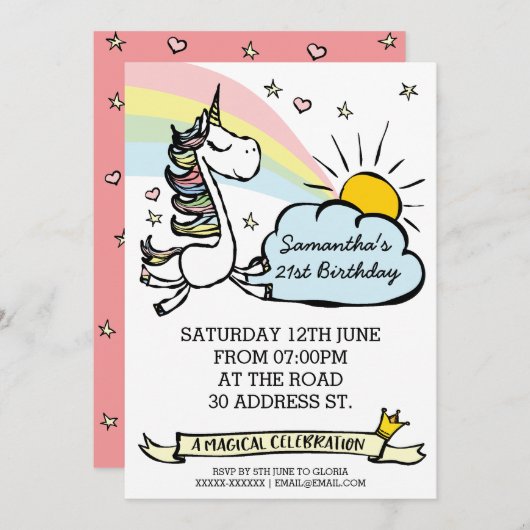 Birthday Party Unicorn Uitnodiging (Voorkant / Achterkant)