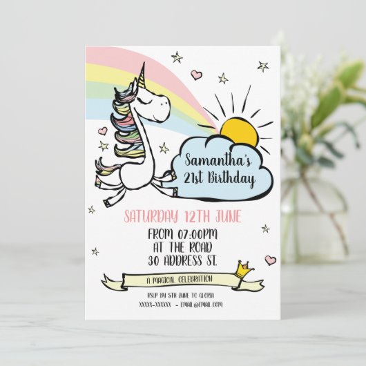 Birthday Party Unicorn Uitnodiging (Staand voorkant)